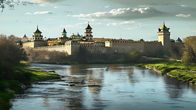 Historic European castle beside calm river at dusk.