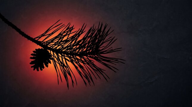 Pine branch with pinecone silhouette at sunset. Dramatic botanical shadow against vibrant red sky backdrop.