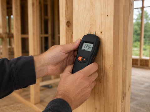 Close-up of a worker measuring moisture in a timber wall stud during house framing. Construction inspection helps verify dry lumber and reduce risks of mold, warping and structural damage.