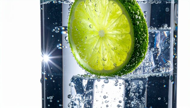 Refreshing Sparkling Water with Fresh Lime Slice and Ice Cubes in a Glass