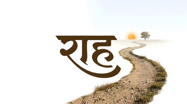 Path word in hindi calligraphy with realistic winding dirt road leading towards sun light.