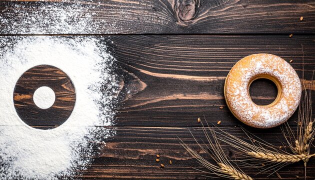 Fresh baked donut beside flour ring concept on rustic dark wood background