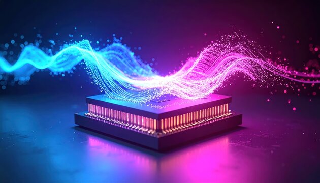 Electronic CPU processor with glowing particle data flow.
