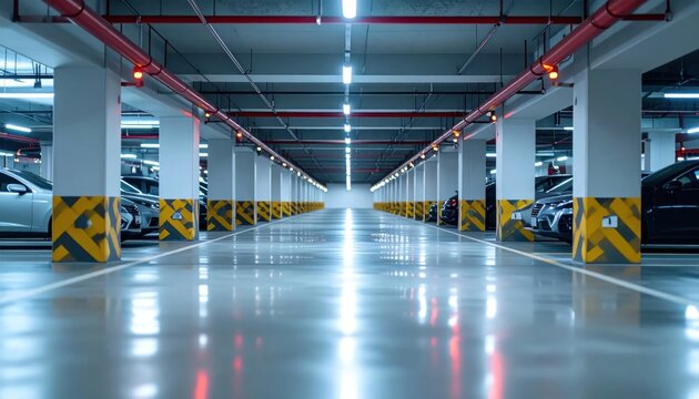 Empty underground parking garage with white pillars.