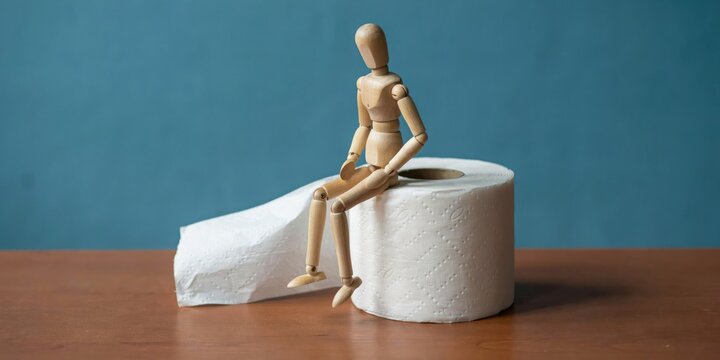 Wooden artist mannequin sitting on a roll of white toilet paper