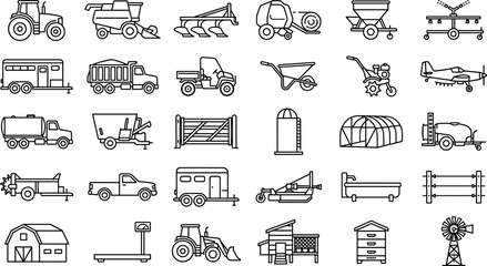 Farm and Agriculture Equipment Line Icon Set, Farming Machinery Outline Icons for Rural, Livestock and Agribusiness Design © Bulbuli