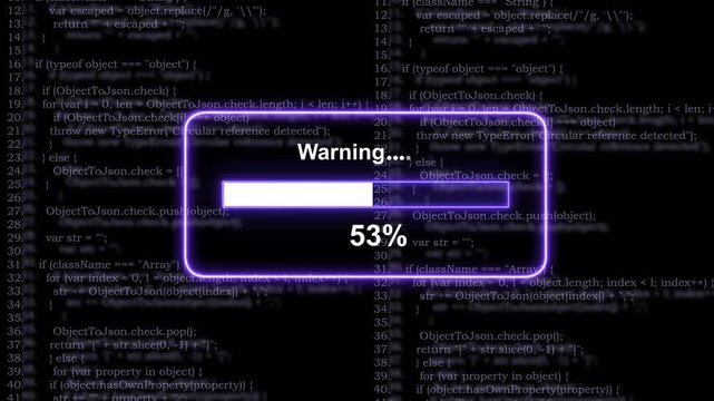 Cyber security warning progress bar animation overlay with glowing neon ui and scrolling javascript programming code background, for advanced software, development and digital, technology concepts