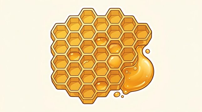 Golden honeycomb with dripping honey on cream background