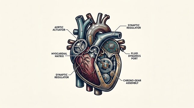 Mechanical human heart diagram with gears and electronic components