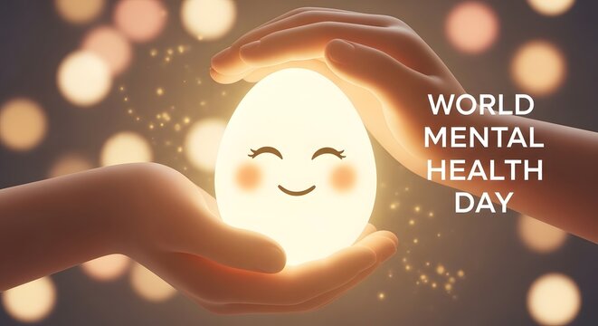 World mental health day glowing egg protected by caring hands