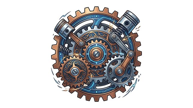 Intricate mechanical gears and pistons with glowing sparks