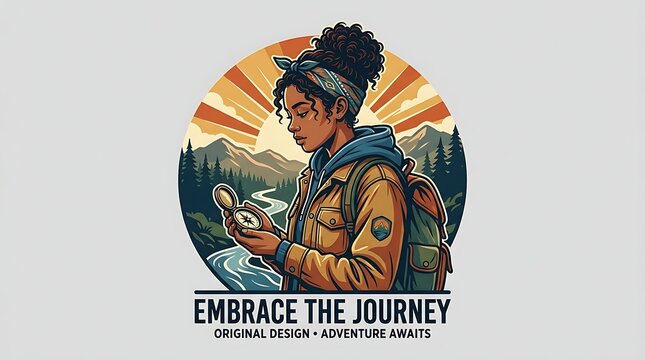 Woman hiker holding a compass in front of a mountain landscape