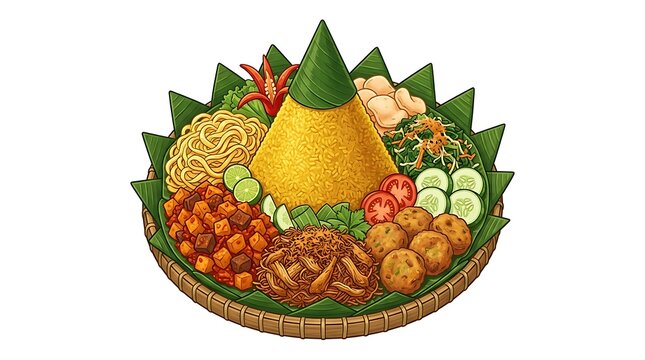 Traditional indonesian nasi tumpeng with assorted side dishes