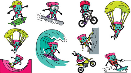 Obraz premium Funny Pizza Slice Mascot Character Set Doing Extreme Sports Including Skateboarding, Snowboarding, Surfing, Skydiving, Rock Climbing, and Motocross Vector Illustration