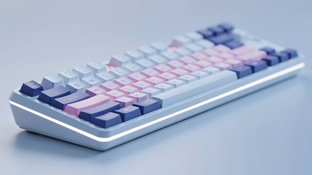 Custom mechanical computer keyboard with stylish pastel pink, white, and purple keycaps on a clean desk surface