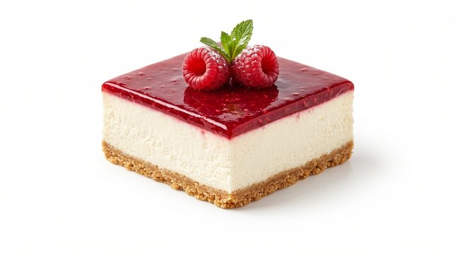 Square slice raspberry cheesecake with biscuit base with creamy cheesecake topped raspberry glaze fresh glossy red raspberry restaurant delicious