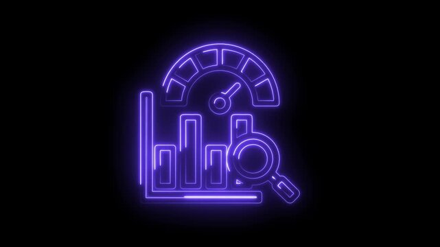 Neon glowing analytics dashboard with magnifying glass and speedometer icon on black background