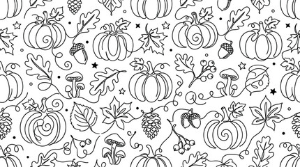  Autumn pumpkin seamless pattern vector background featuring black line art pumpkins oak leaves mushrooms acorns and pinecones for thanksgiving coloring book page design. © MstMursida