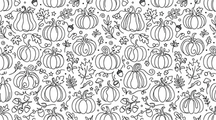  Autumn pumpkin seamless pattern vector background featuring black line art pumpkins maple leaves and acorns for thanksgiving coloring book page design. © MstMursida