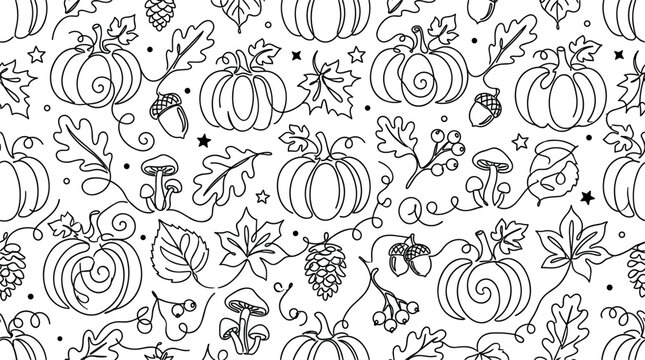 Autumn pumpkin seamless pattern vector background featuring black line art pumpkins oak leaves mushrooms acorns and pinecones for thanksgiving coloring book page design.