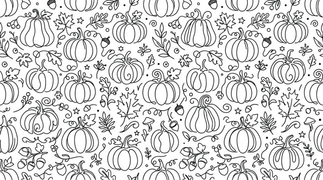  Autumn pumpkin seamless pattern vector background featuring black line art pumpkins maple leaves and acorns for thanksgiving coloring book page design.