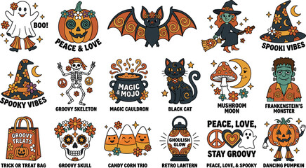 Fototapeta premium Groovy Halloween vector sticker set featuring retro seventies style cartoon ghost skeleton pumpkin witch and bat characters with funny spooky typography badges.
