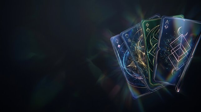 Luminous mystical tarot cards with sacred geometry patterns