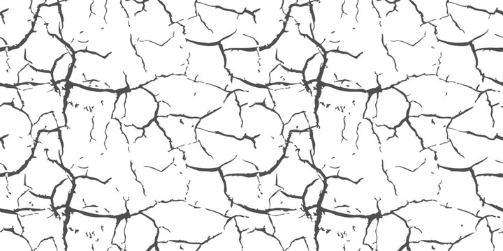 Black and white seamless pattern of dry cracked ground texture with dark lines and intricate earth fissures