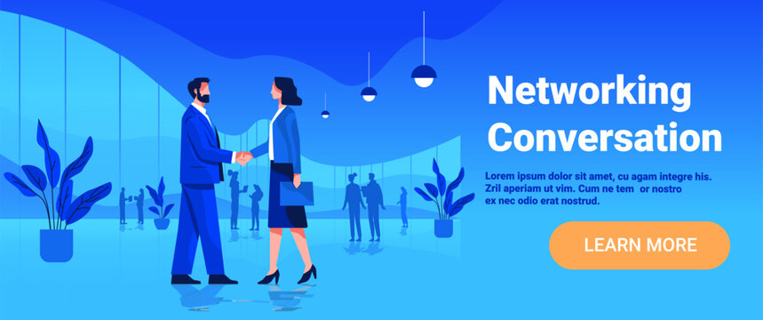 Networking conversation business professionals handshake corporate meeting modern office people silhouettes blue background plants lamps website banner