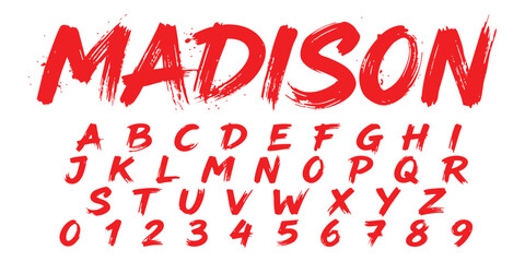 Red brush stroke alphabet letters and numbers set with artistic textured hand drawn font style for design © GraphixEra
