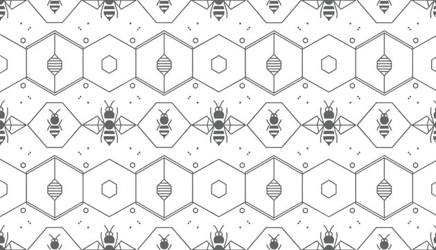 Seamless geometric pattern with stylized bees and honeycomb shapes