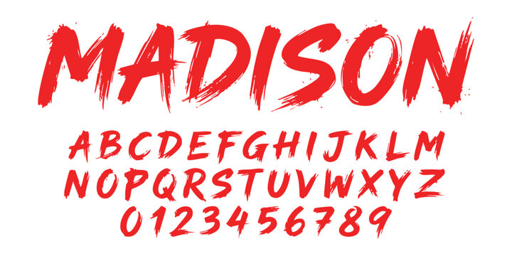 Red brush stroke alphabet letters and numbers set with rough dry paint texture for artistic graphic design