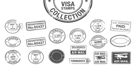 Obraz premium Set of vintage visa stamps and old postal mail marks for travel documents and international shipping design