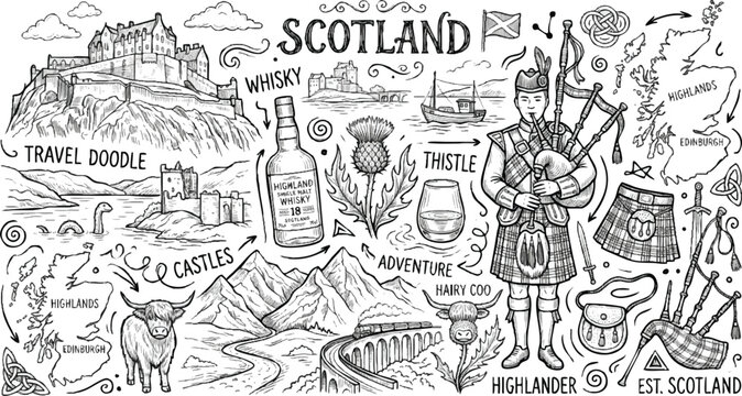 Hand-drawn Scotland landmarks doodle sketch collection. Vector travel icons of castles, lochs, and tartan patterns for tourism design.
