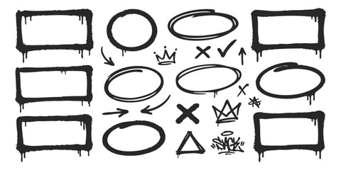Set of black graffiti spray paint frames circles and squares with hand drawn urban street art style elements © GraphixEra
