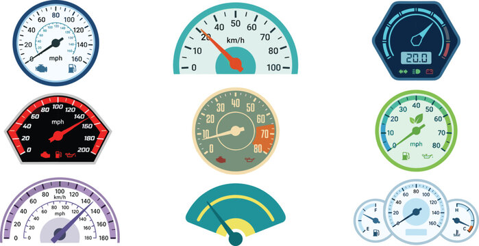 Set of colorful car dashboard gauge representing speedometers and fuel level indicators