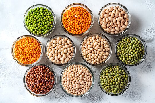 Assorted legumes in glass bowls a still life composition featuring lentils chickpeas beans and peas on a marble surface pulses leguminous vegetables