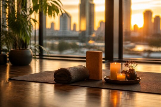 Yoga mat and candles set up near window overlooking city