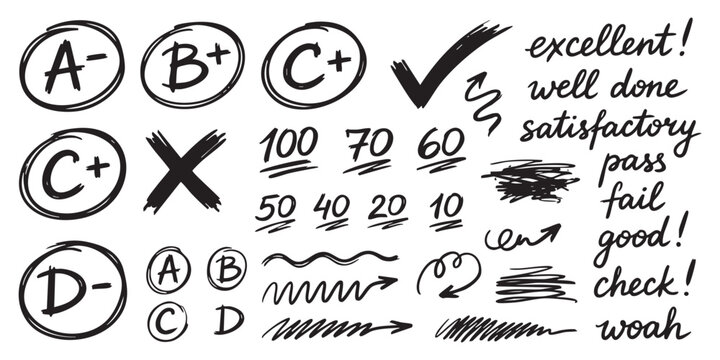 Set of hand drawn school grading marks letters numbers check marks and feedback words for student tests