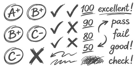 Fototapeta premium Handwritten school grade marks with check signs and cross symbols for testing and evaluation on paper sheets