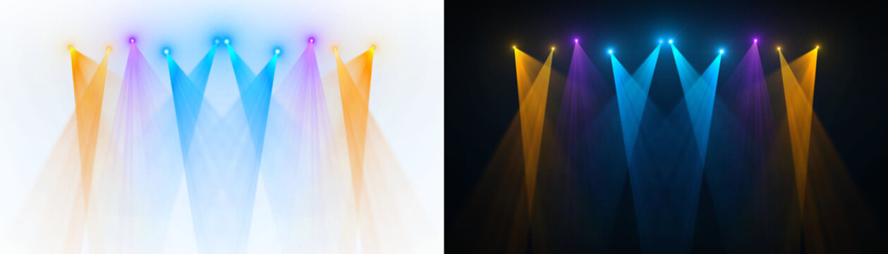 Spotlight beams orange purple blue lighting shining on concert stage on transparent background. VFX design, theatre stage poster, party, music event.