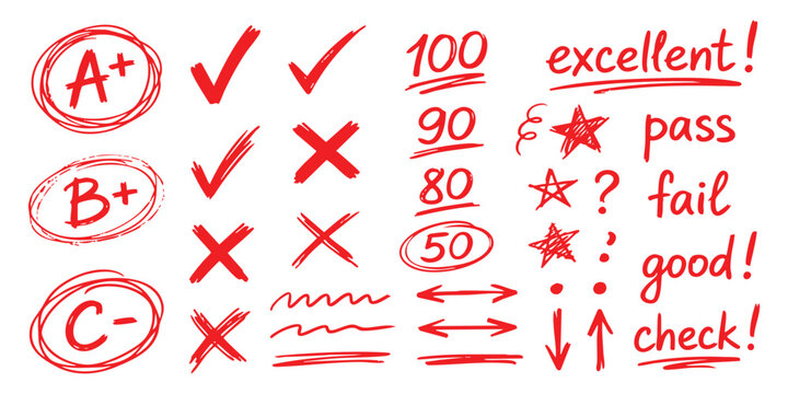 Red hand drawn school grading marks checkmarks and cross symbols with numbers and text for exam feedback