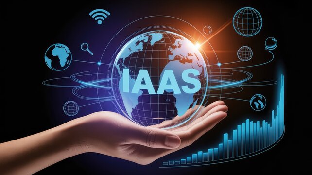 Hand supporting glowing digital globe showcasing cloud infrastructure and global connectivity iaas concept with global communication networks against sleek digital background data