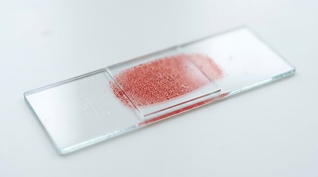Microscope slide featuring a dried red blood smear sample for clinical laboratory analysis
