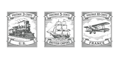 Set of three vintage postage stamps featuring a steam locomotive train a sailing ship and a biplane aircraft © GraphixEra