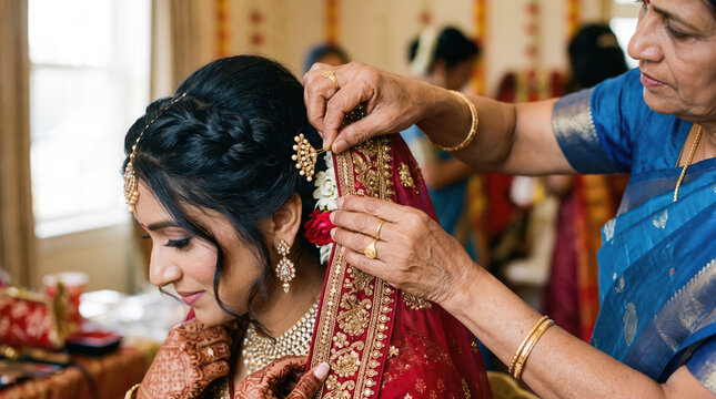 Mother adjusting Indian bride veil and hair accessories.