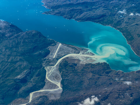 aerial landscape overview of area around Tunulliarfik Fjord in the Kujalleq municipality in southern Greenland, with Narsarsuaq Airport (IATA: UAK, ICAO: BGBW) and mountain landscape around