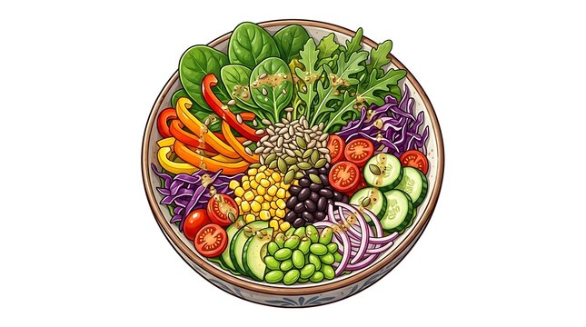 Vibrant plant based salad bowl with fresh organic vegetables