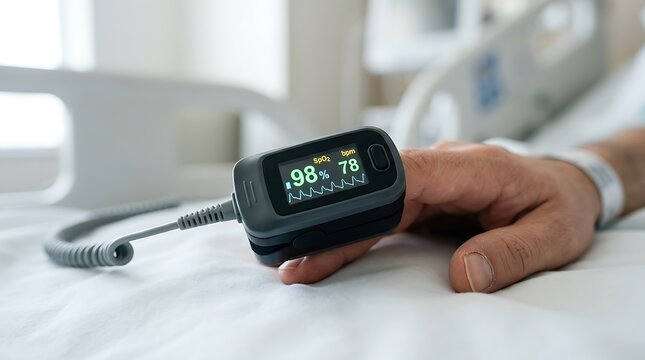 Pulse oximeter monitoring oxygen saturation levels on a patient finger in a hospital bed setting