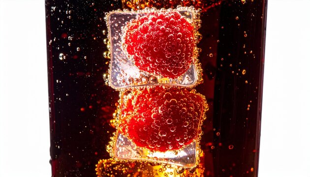 Fresh raspberries in a carbonated dark soda with ice cubes macro photography